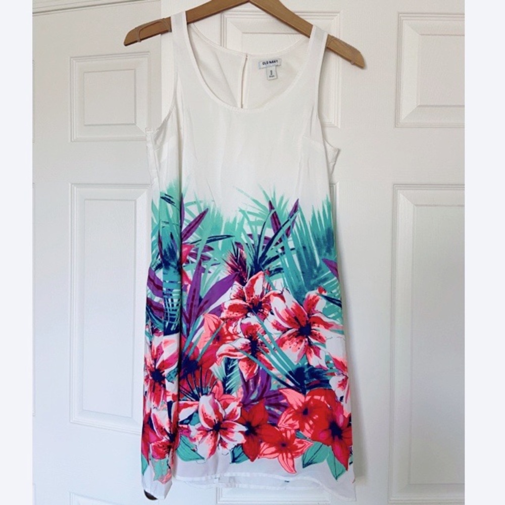 White and bright floral shift dress